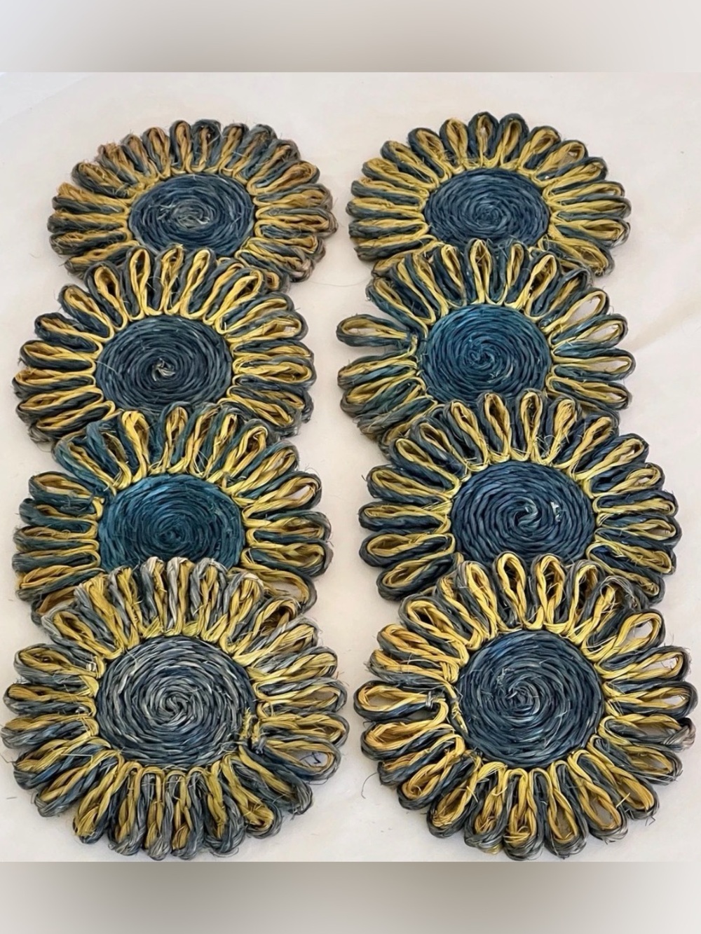 Vintage set of 8 coasters boho hippie blue yellow flowers rattan straw lot